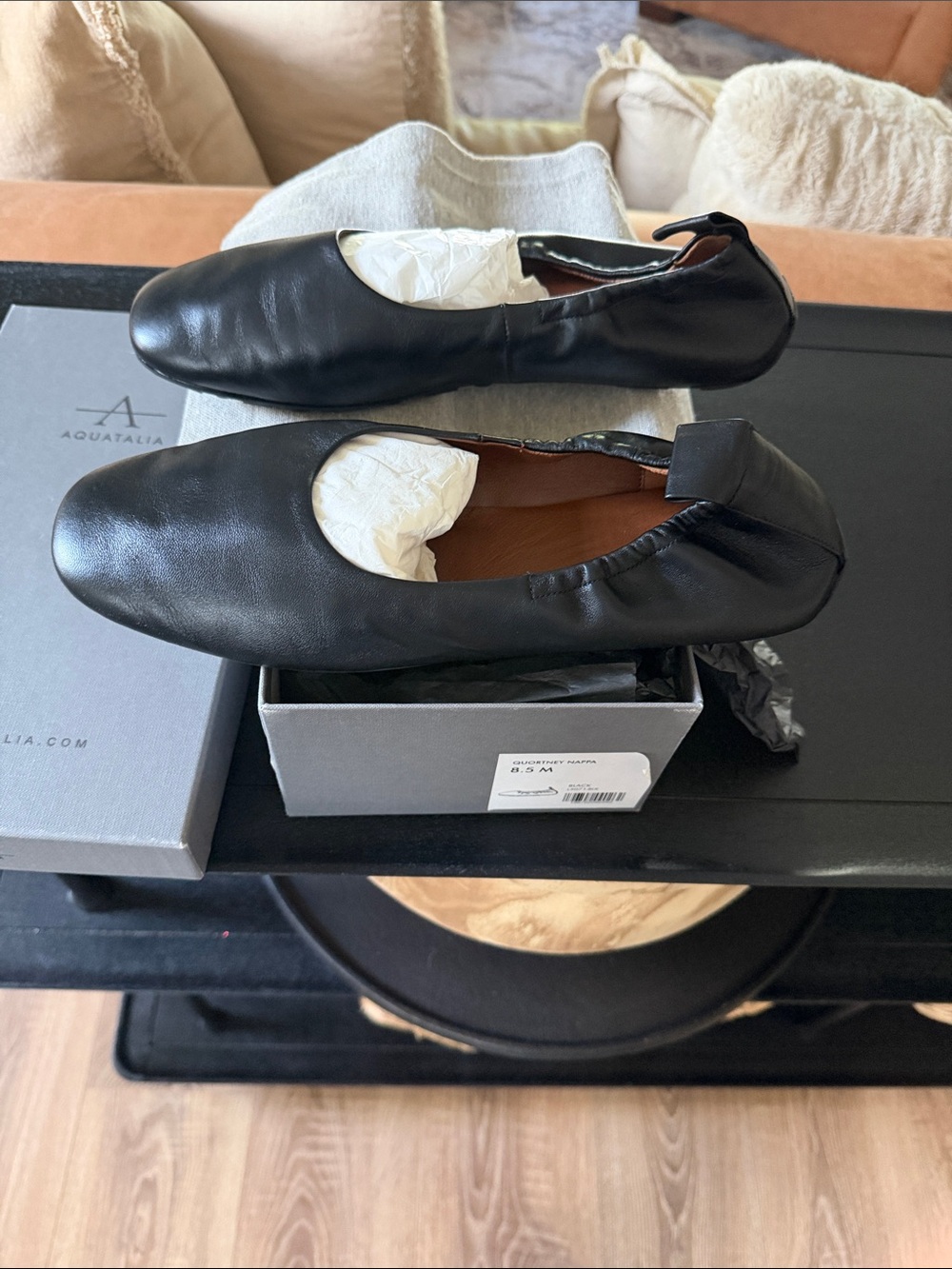 Aquatalia Black Leather Elastic-Back Ballet Flats